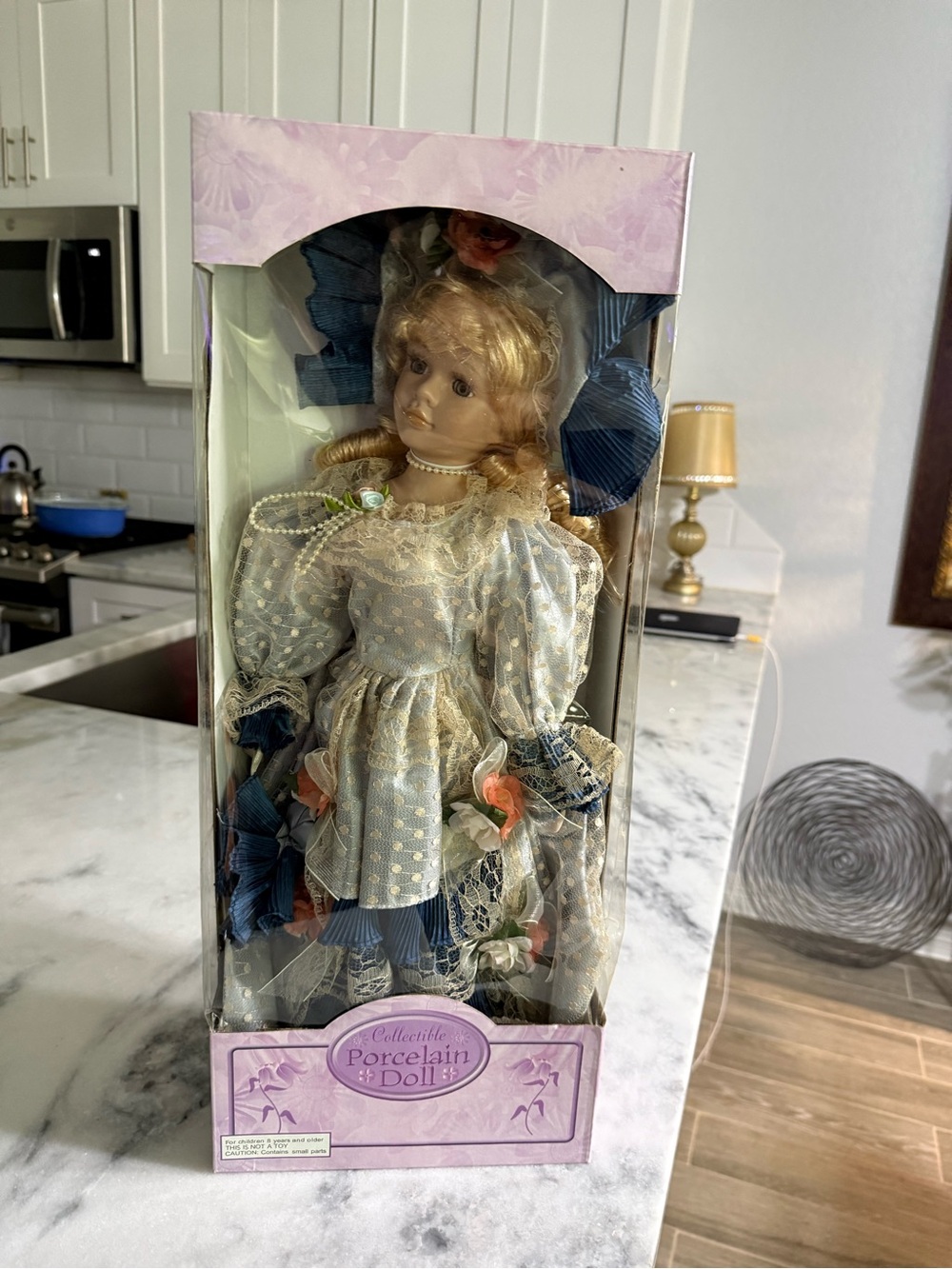 Collectible Porcelain Doll in Blue and Cream Dress NIB